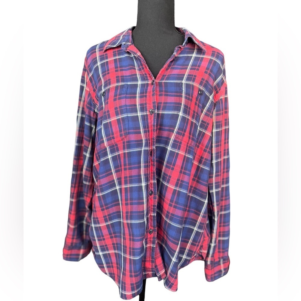 LRL Lauren Ralph Lauren W Button Front Shirt Sz L Blue Red Plaid 3/4 Long Sleeve